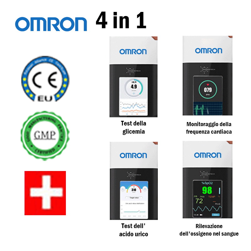 T01 (test della glicemia non invasivo + test dell'ossigeno nel sangue non invasivo + test dell'acido urico non invasivo + monitoraggio della frequenza cardiaca + connessione Bluetooth + connessione al computer + referto dell'esame fisico)